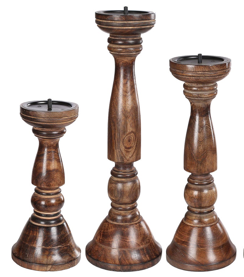 Light & Pro Farmhouse Wood Pillar Candle Holders Set of 3 - Tall Rustic Candle Holders for Home Decor, Centerpieces, and Weddings, Heights: 16", 14", 12" - Natural Burnt - Image 4